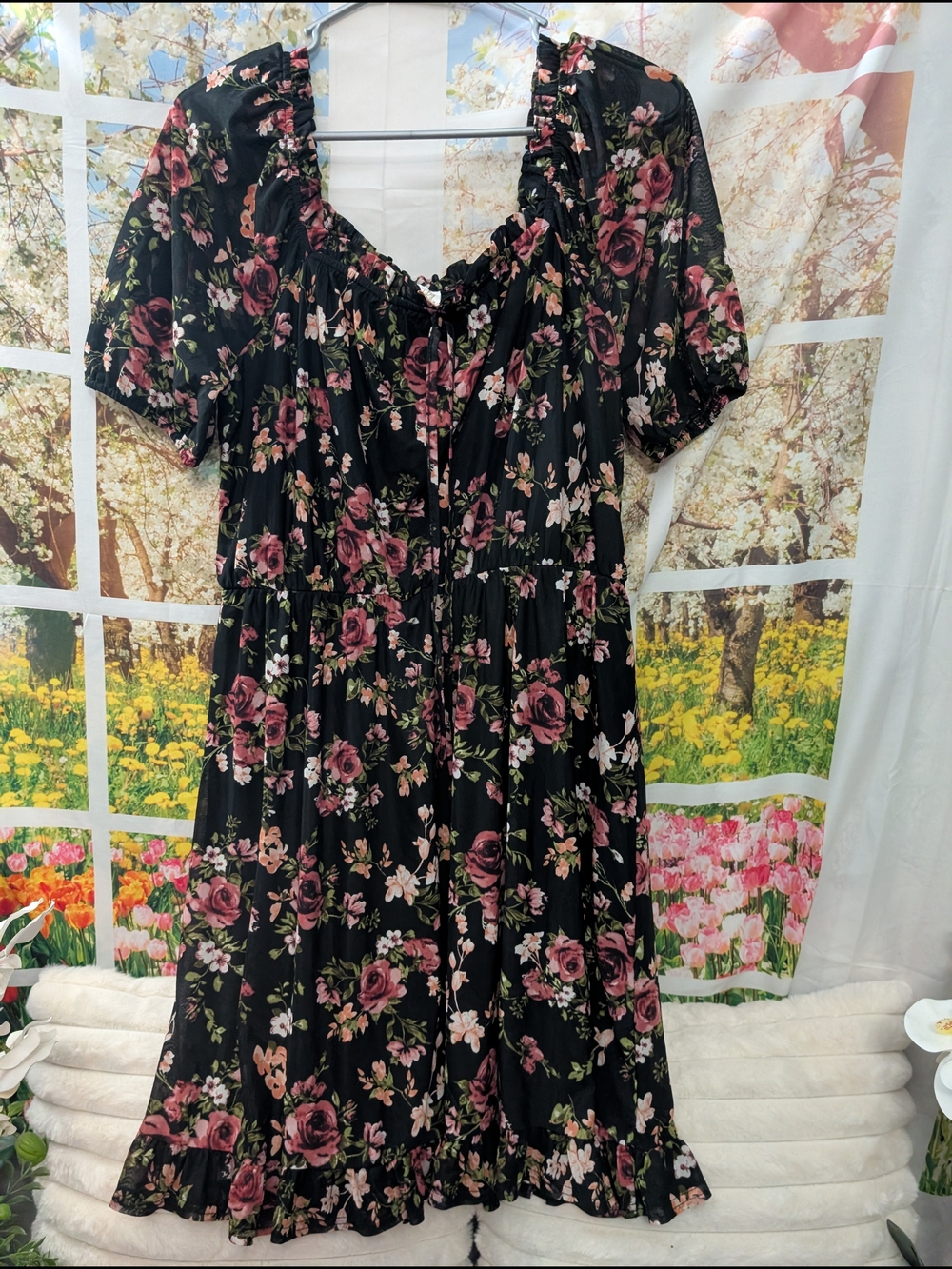 Siren Lily Black Midi Dress with Pink Rose Print